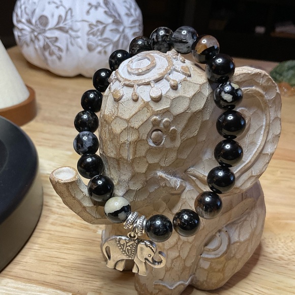 Black Tourmaline (8 mm)with Silver Elephant Charm and Spacers - Picture 2 of 7